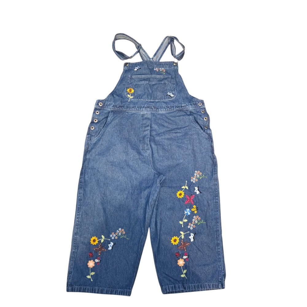 Agapo Overalls Women L Blue Vintage Y2K Embroidered Cropped Wide Leg Jean